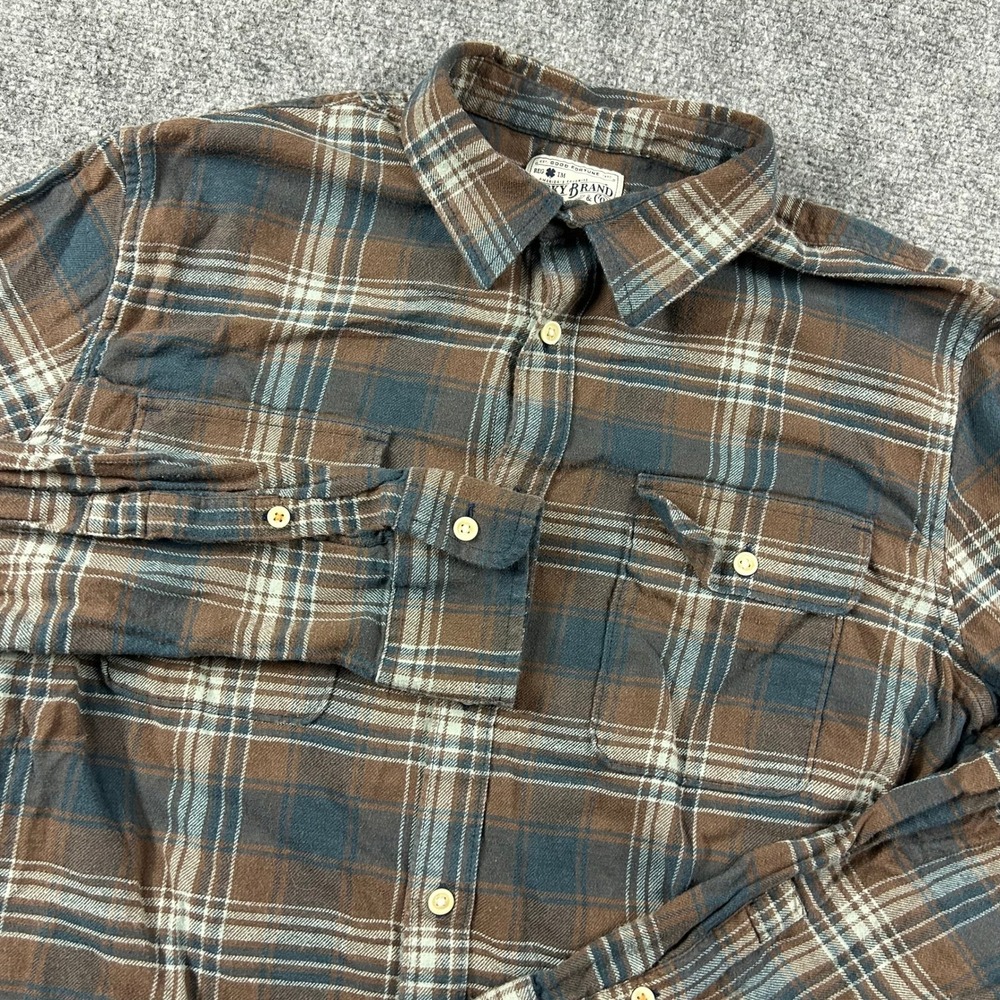 Lucky Brand Button Down Mens Large Brown Teal Plaid Saturday Stretch Flannel‎
